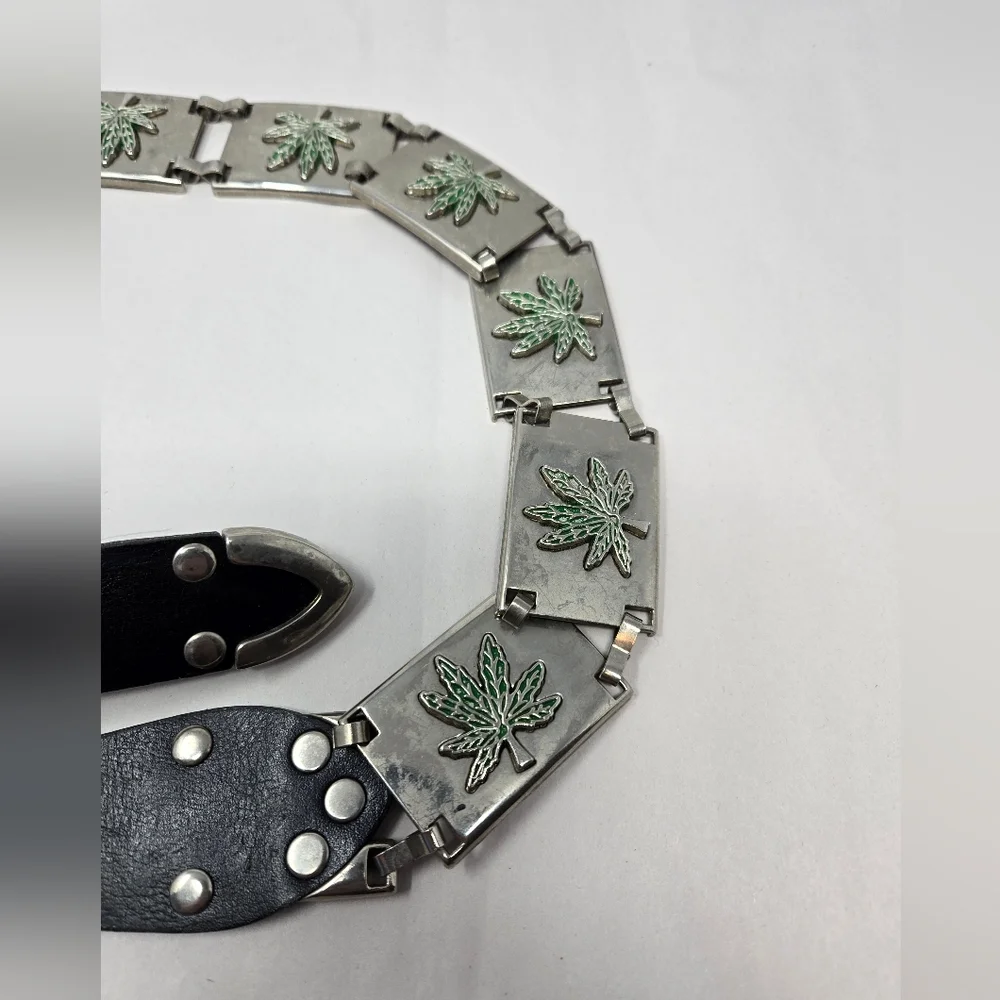 Black Leather Studded XL Mens Belt Linked Silver Tone 3d Green Marijuana Leafs